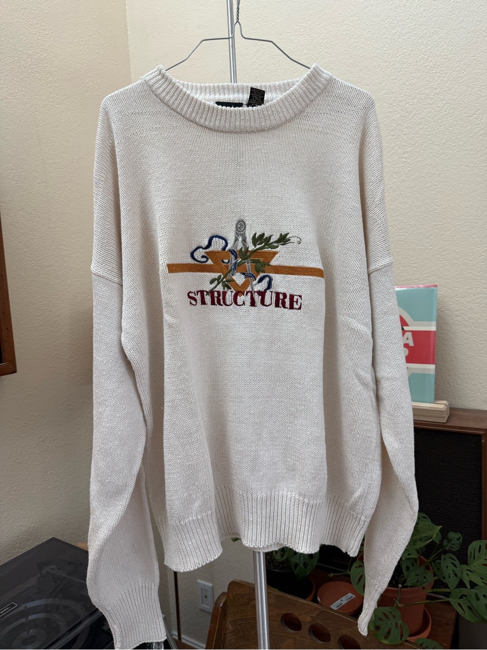 Structure Cream Crewneck Sweater with Multicolor Graphic